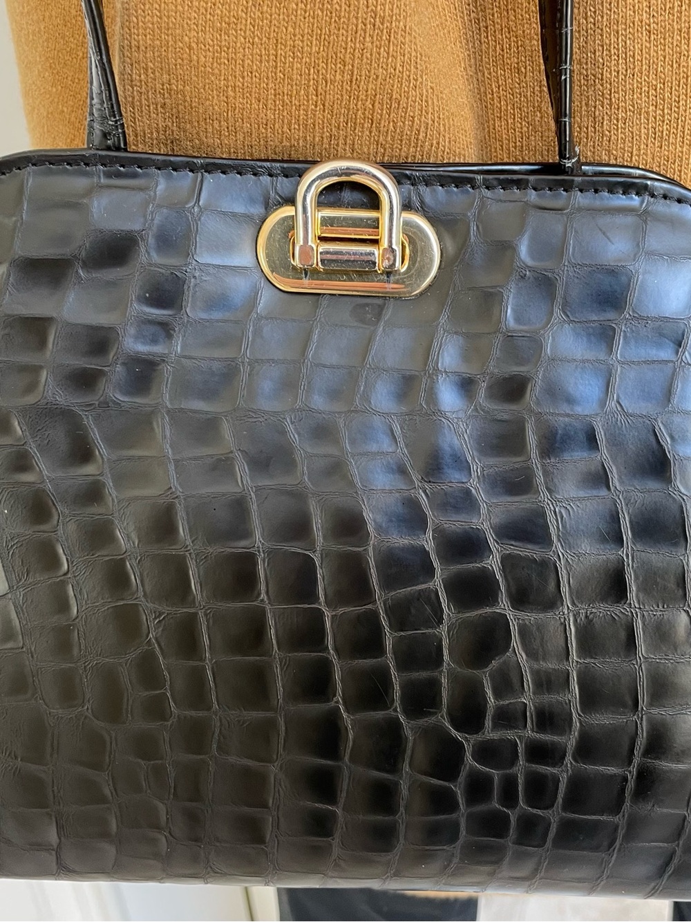 Browns Black Croc Embossed Patent Leather Shoulder Bag Made in Canada Vintage